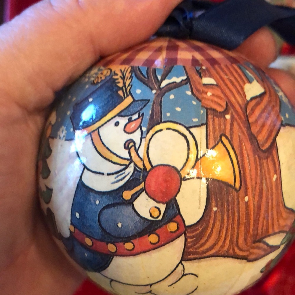 Vintage 3" Decoupage Metallic Blue Paper Mache Christmas Ball Ornaments Lot of 4